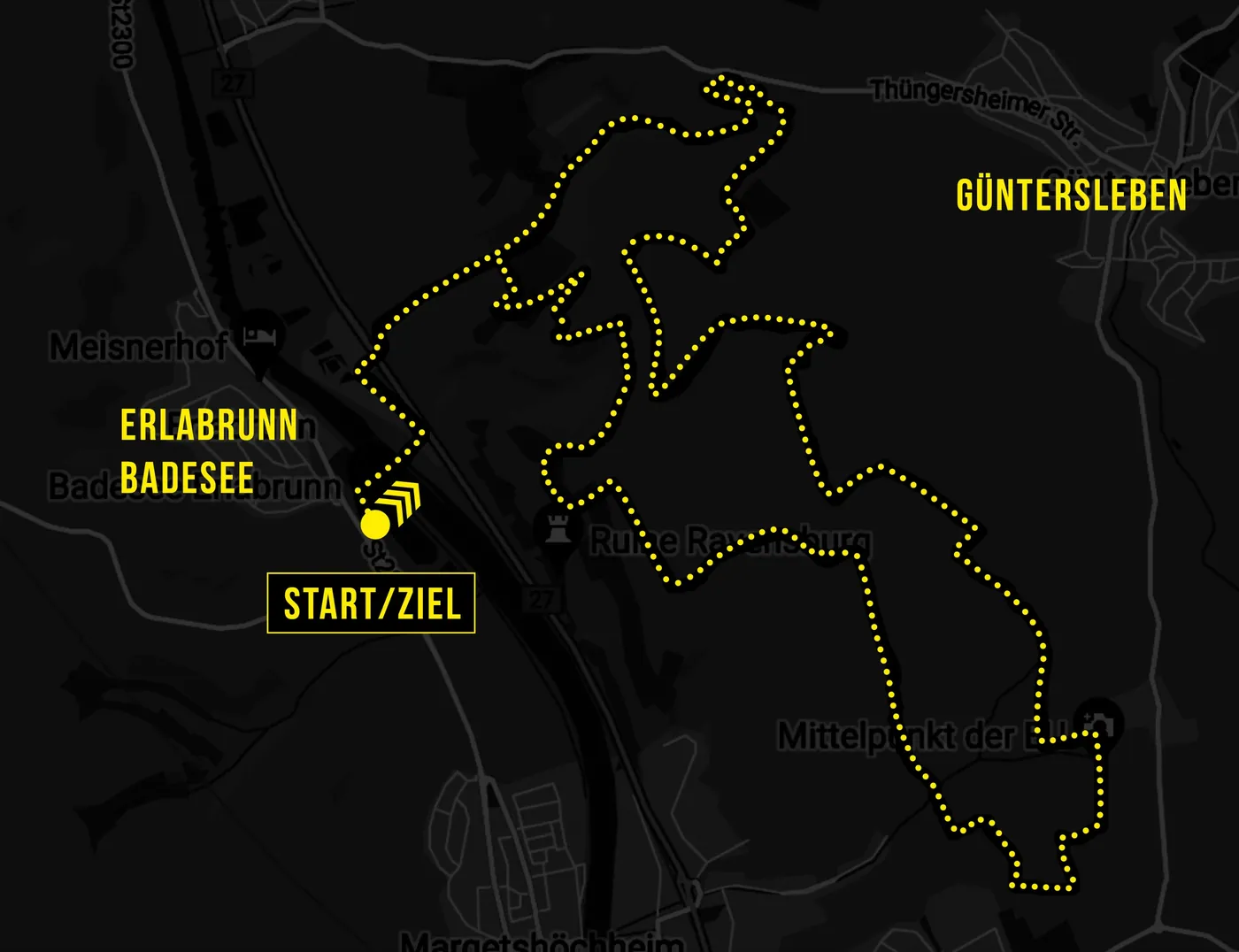 Streckenkarte MTB-Strecke Cross-Triathlon: 22 km auf der anderen Mainseite Richtung Güntersleben