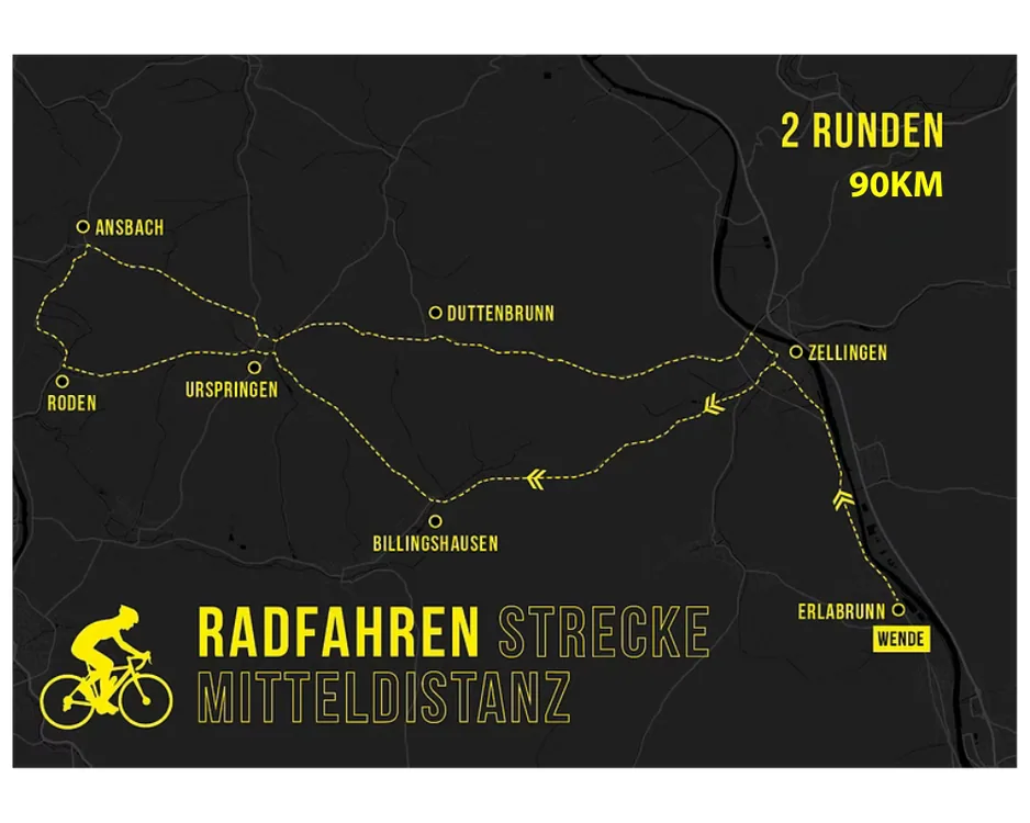 Streckenkarte Radfahren Mitteldistanz, 2 Runden, 90 km, hier Runde 2