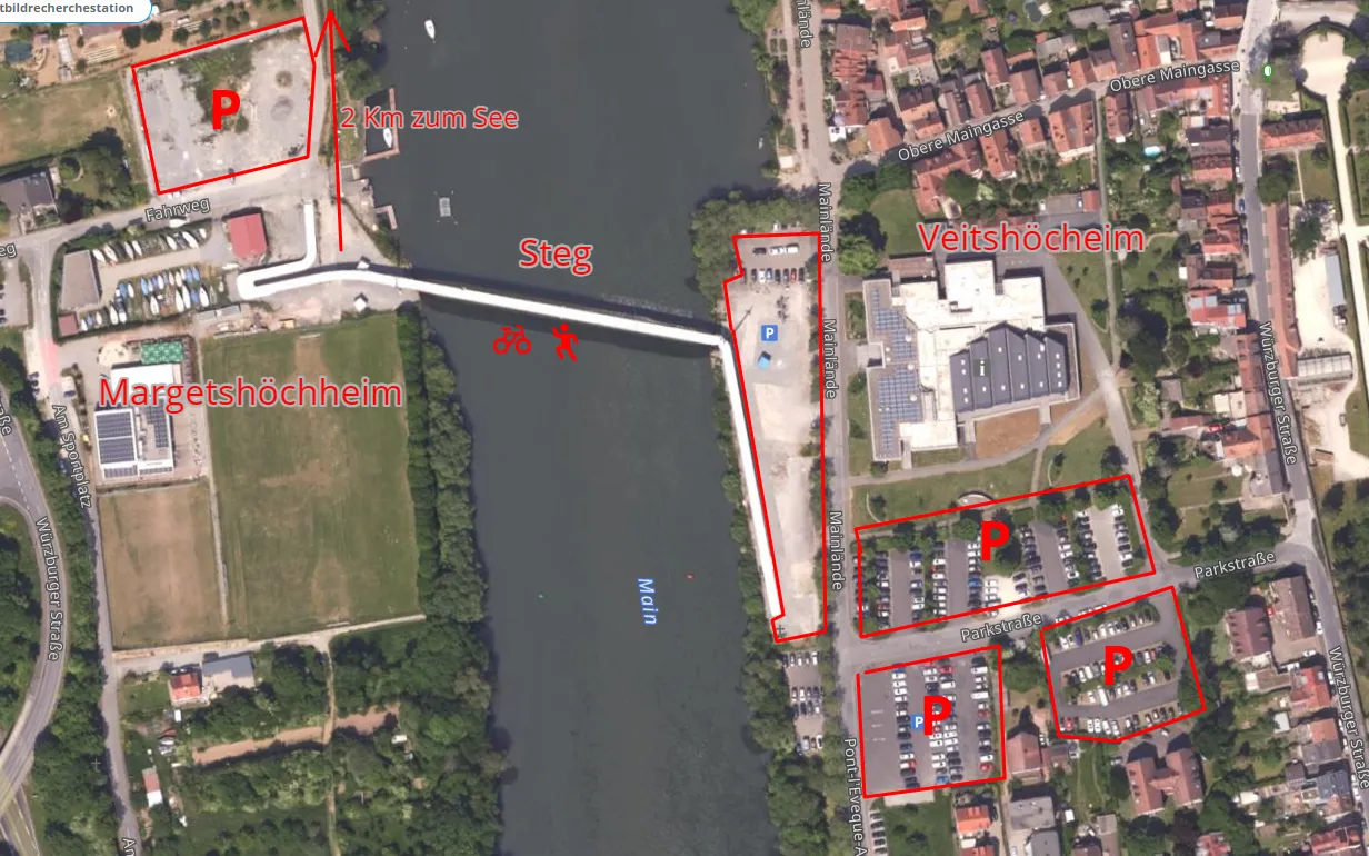 Luftbild Margetshöchheim: Parkplätze auf der anderen Mainseite mit Steg