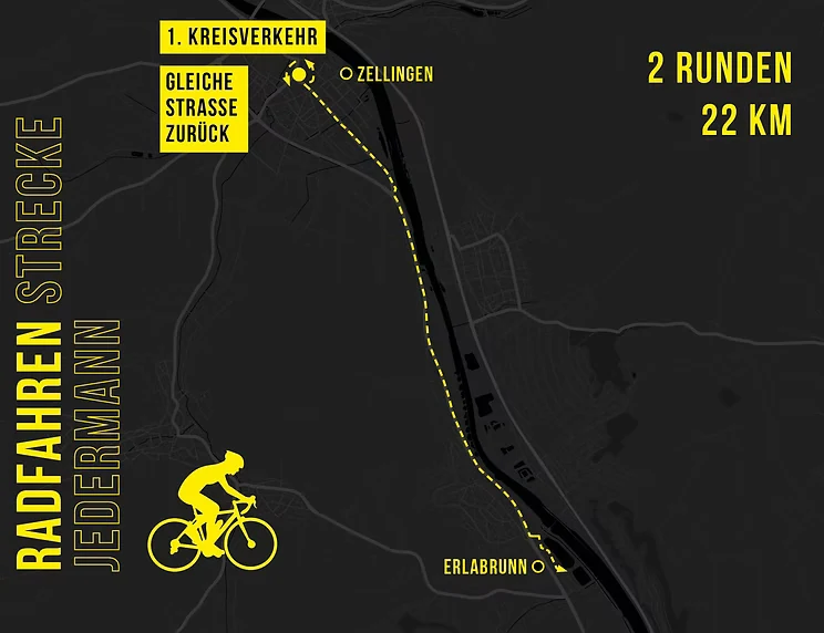 Streckenkarte Radfahren Jedermann: zwei Runden, 22 km bis zum ersten Kreisverkehr Zellingen und zurück