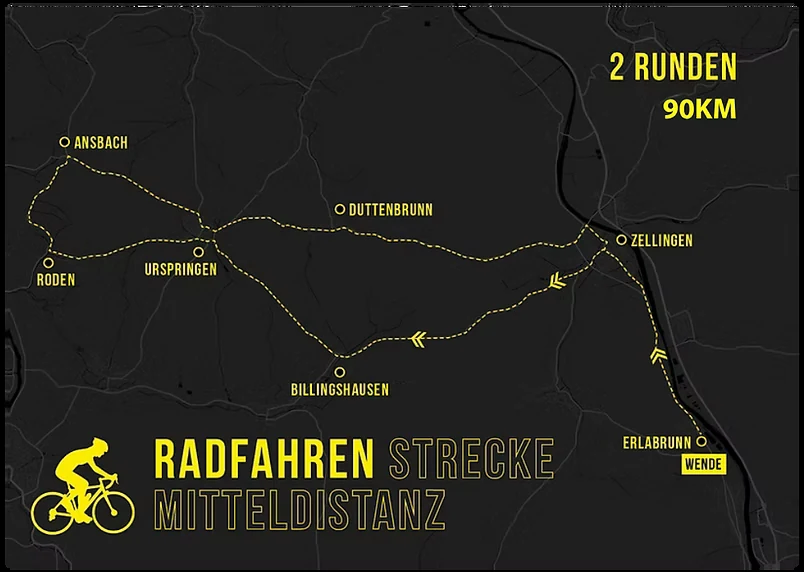 Streckenkarte Radfahren Mitteldistanz: zwei Runden à 45 km durch den Spessart