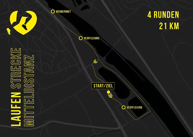 Streckenkarte Laufen Mitteldistanz: vier Runden, 21 km am Main-Radweg